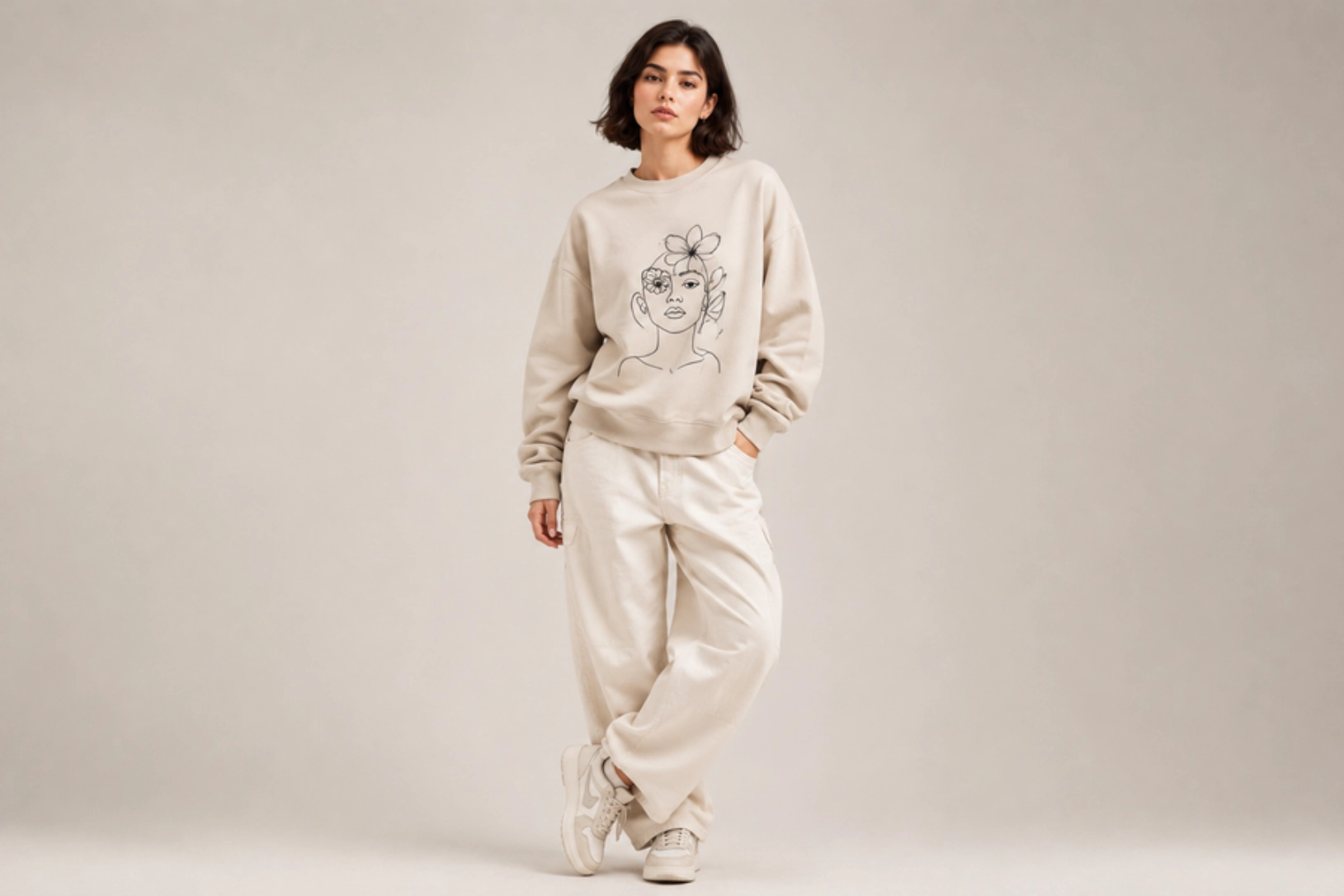 Woman modeling beige loungewear: oversized sweatshirt with a line-drawn face and flowers, and matching joggers, standing with hands in pockets in a neutral studio.