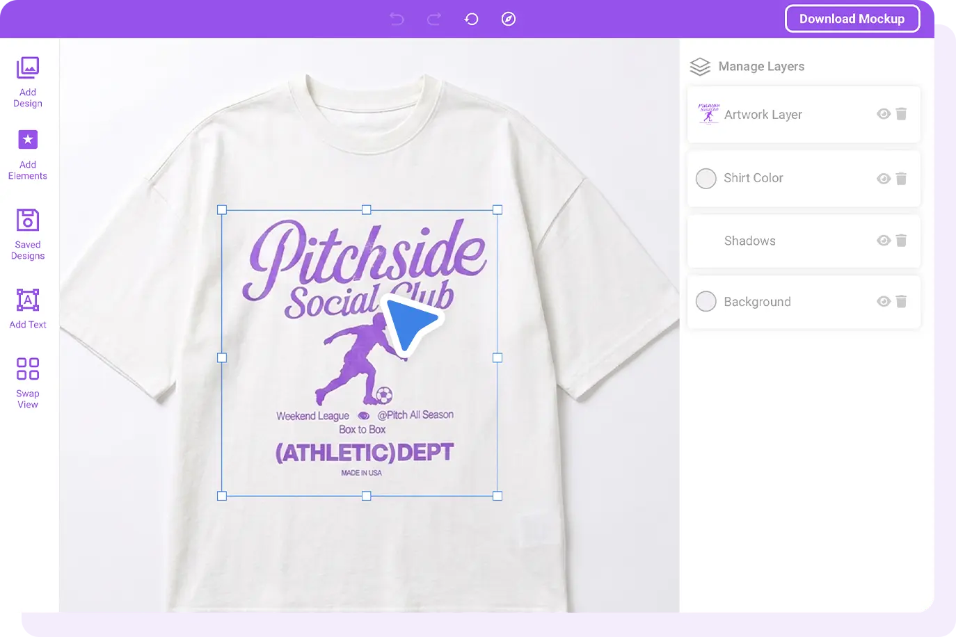 White T-shirt mockup with a purple graphic reading 'Pitchside Social Club' and a running figure.