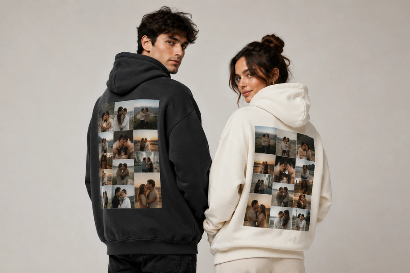 Two people wearing hoodies with a multiframe photo collage on the back; black hoodie left, cream hoodie right.