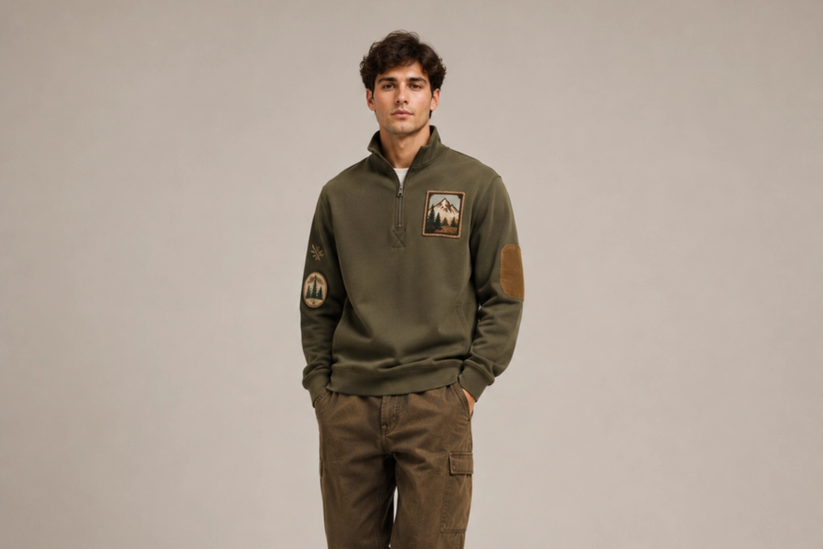 Young man wearing an olive fleece pullover with mountain patches on the chest and left sleeve, paired with brown cargo pants, standing against a neutral backdrop.