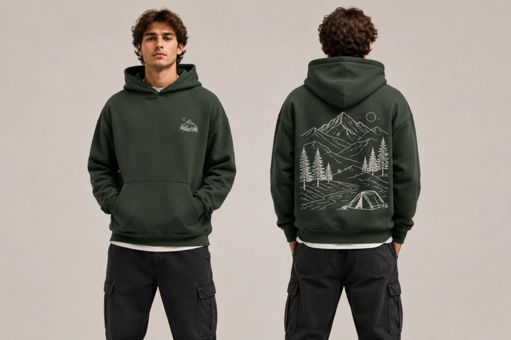 Dark green hoodie shown from front and back: small mountain emblem on chest and a large line-drawn mountain scene with trees and a tent on the back.