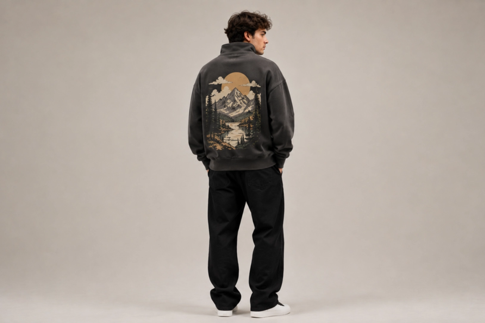 Person facing away, wearing a dark pullover with a mountain-scene graphic on the back, paired with black pants and white sneakers in a neutral studio setting.