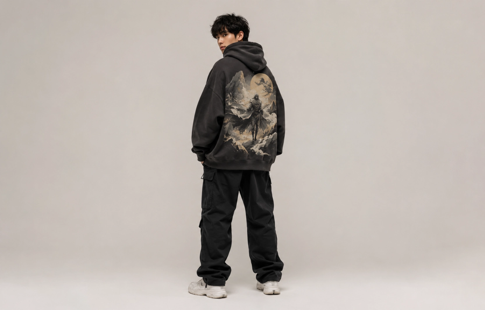 Person wearing a dark hoodie with a large mountain-and-moon graphic on the back, standing sideways.