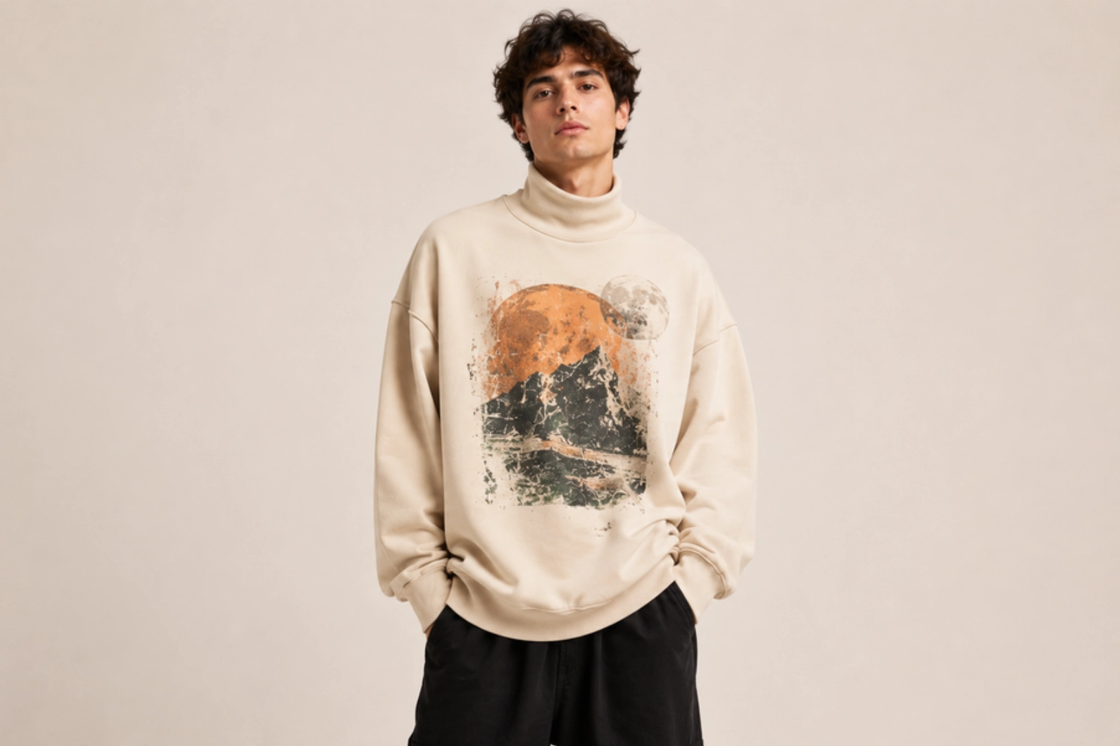 Young man wearing a cream oversized sweatshirt with an abstract orange sun and dark mountains print, standing with hands in pockets.