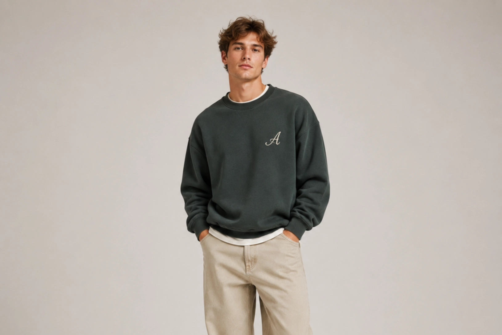 Young man in a dark green sweatshirt with a white letter A on the chest, beige pants, hands in pockets.