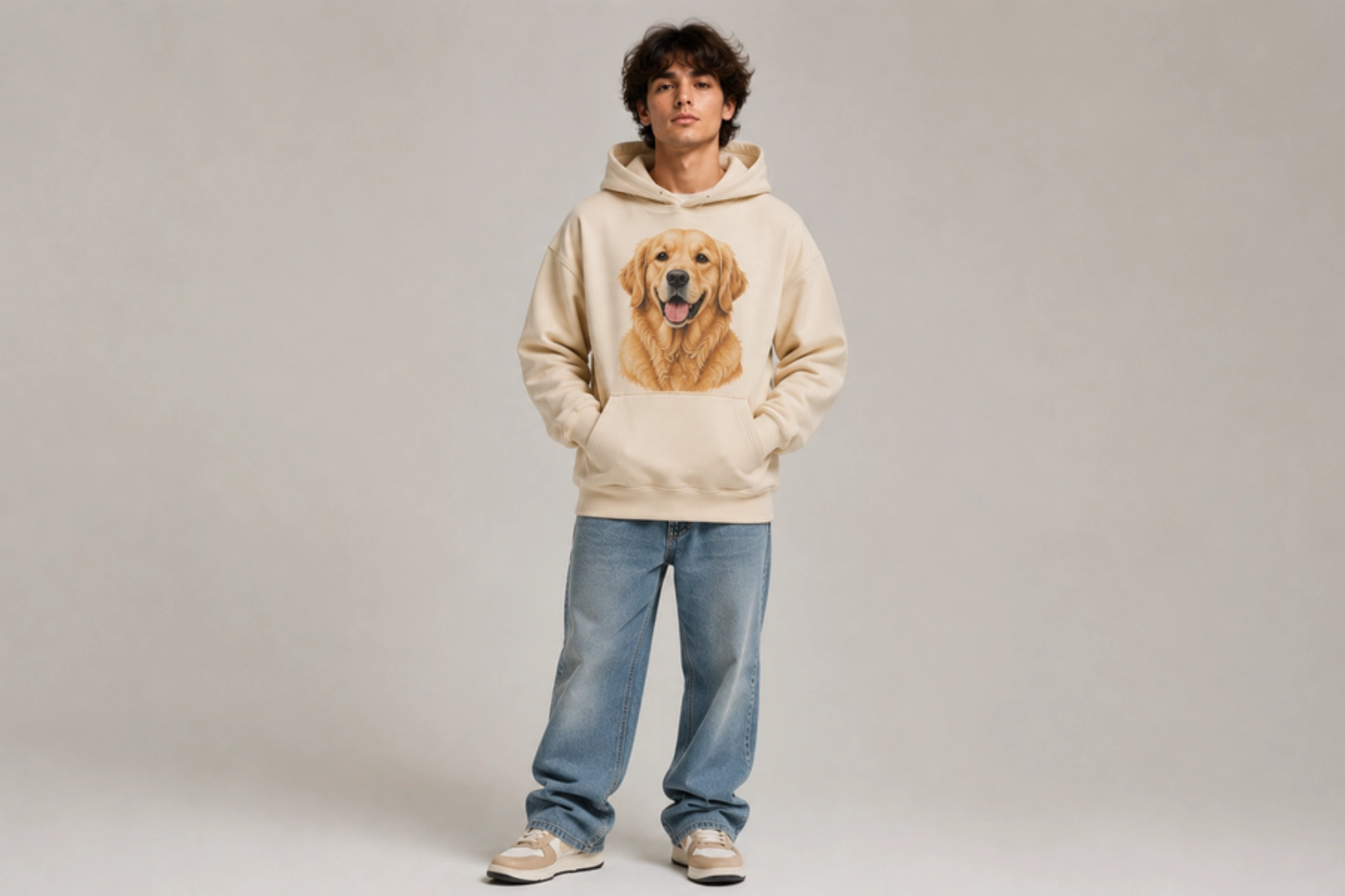 Young man wearing a beige hoodie with a golden retriever image on the chest, standing with hands in pockets.