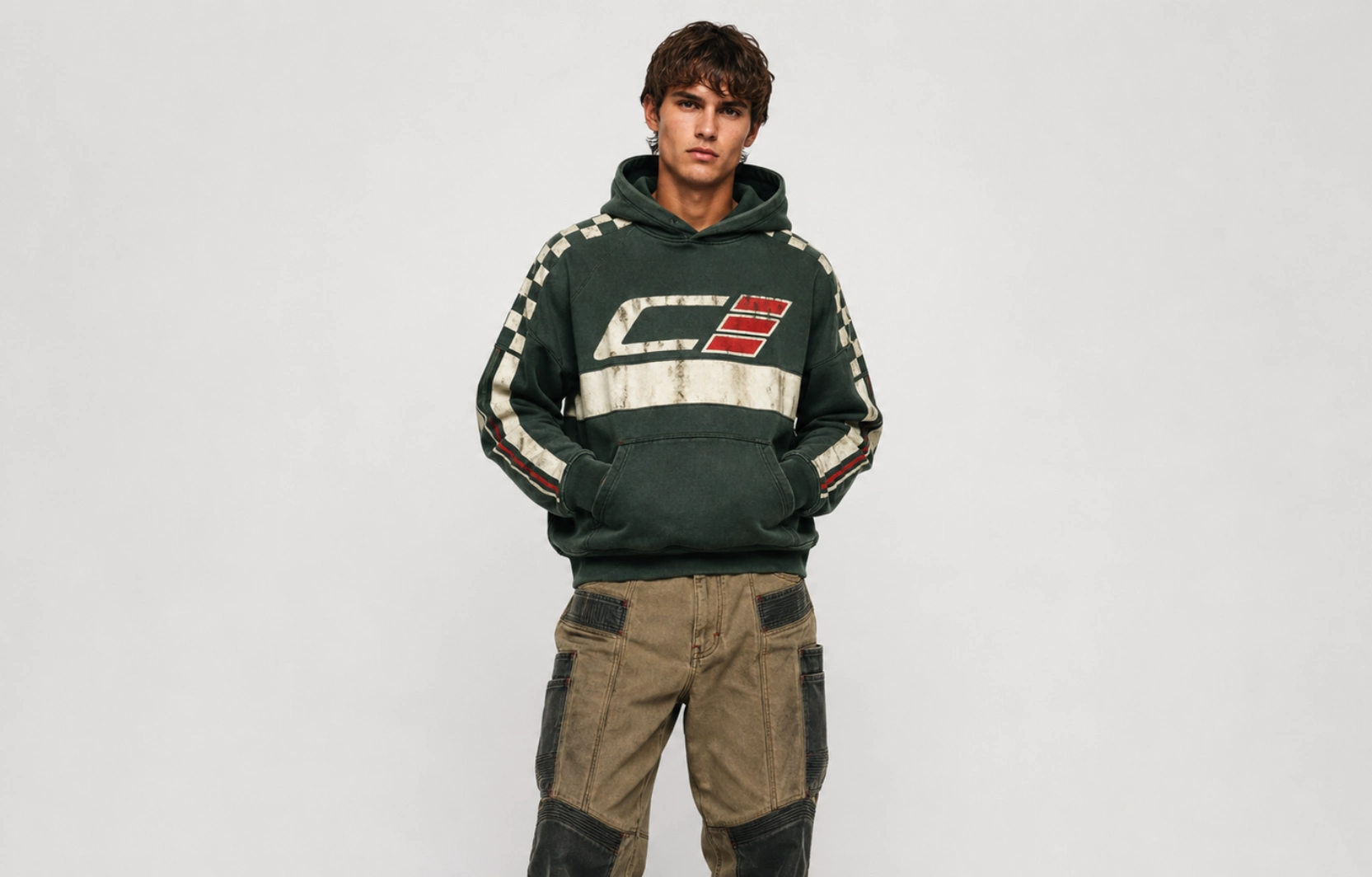 Young man in a dark green distressed hoodie with checkered sleeves and a white stripe, hands in pockets, wearing tan cargo pants against a neutral backdrop.