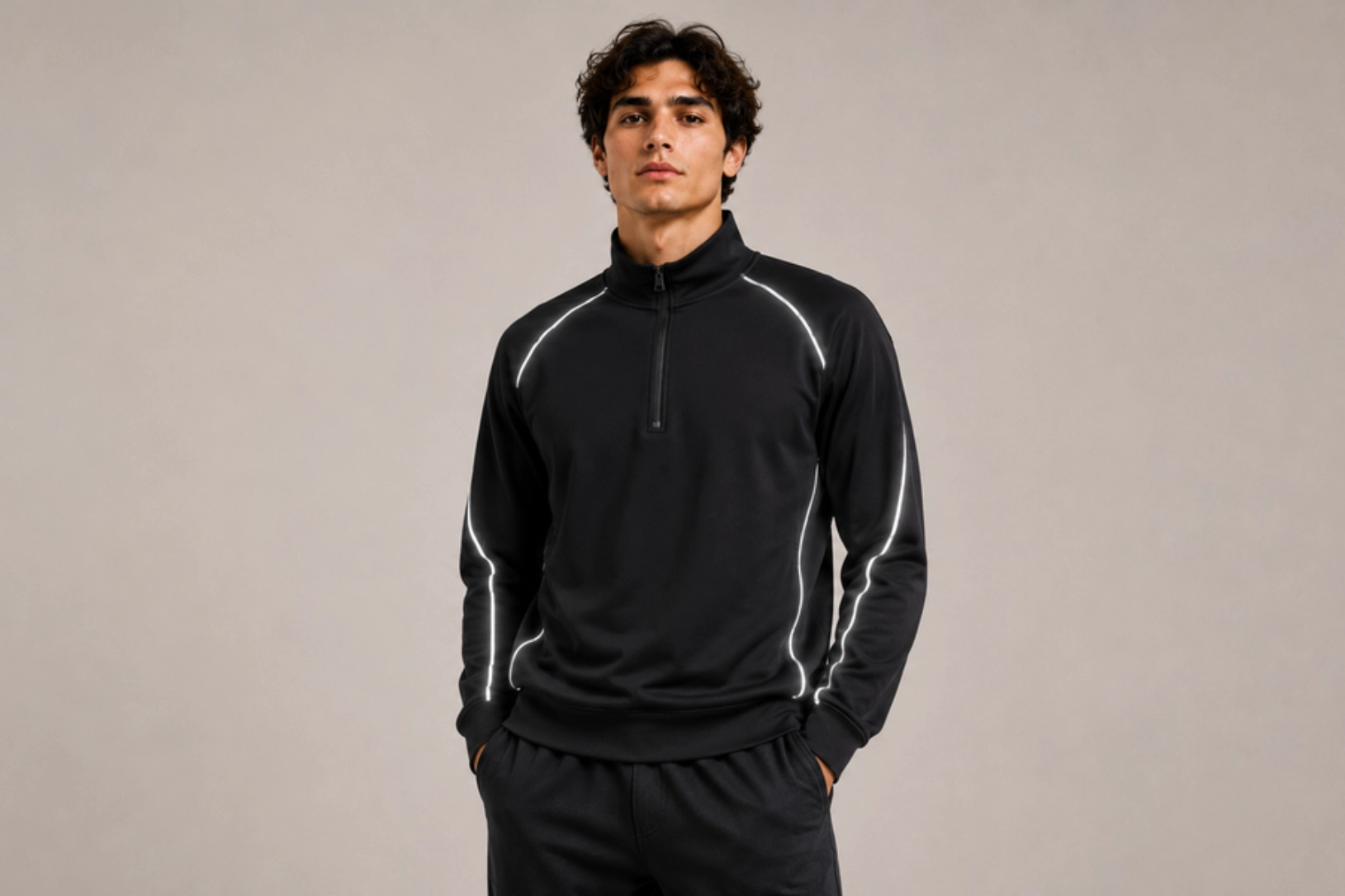 Man wearing a black athletic track jacket with reflective piping along sleeves and shoulders, standing with hands in pockets.
