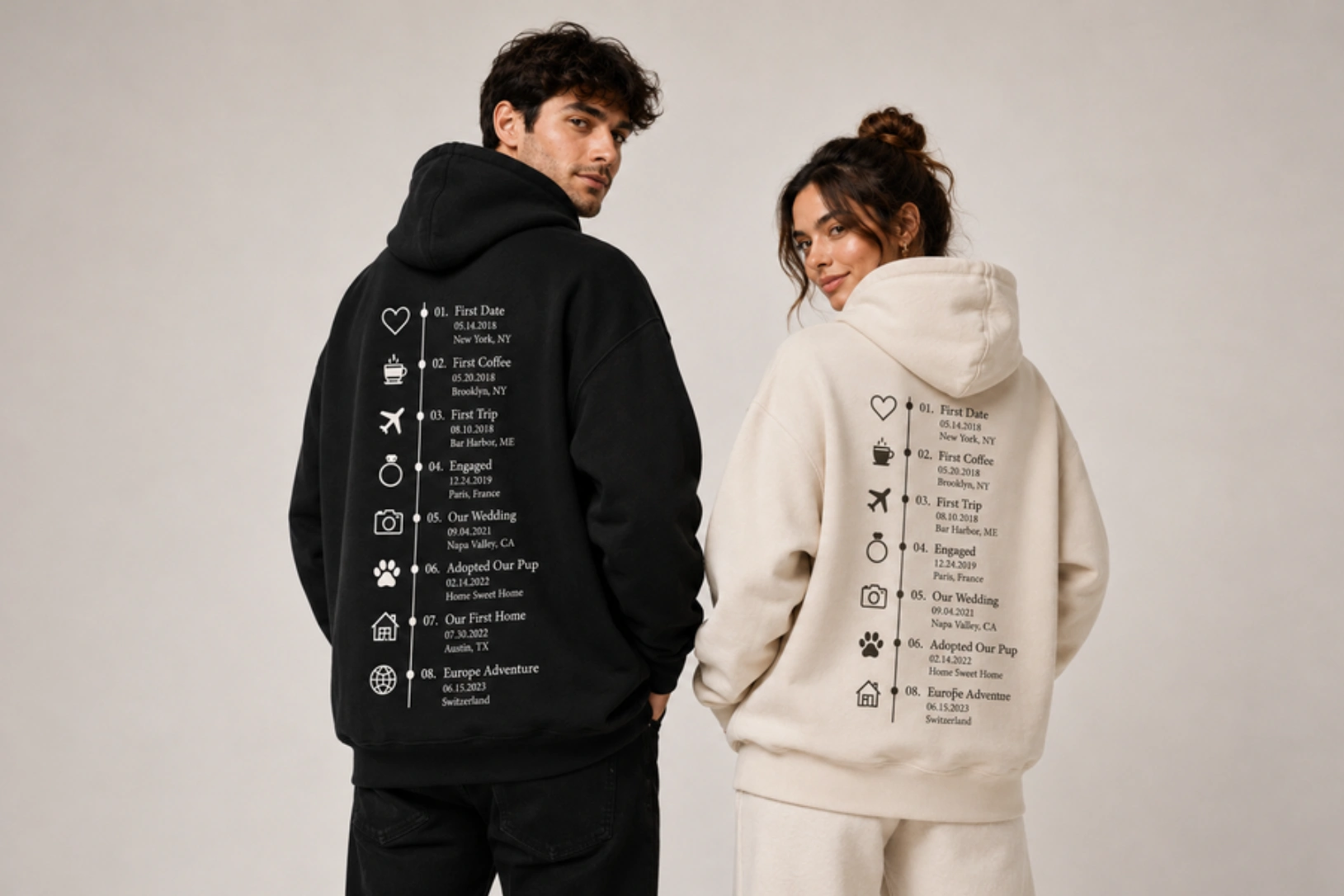 Back view of a couple wearing hoodies with a vertical milestone timeline and icons printed on the back (heart, coffee cup, plane, ring, paw, house).