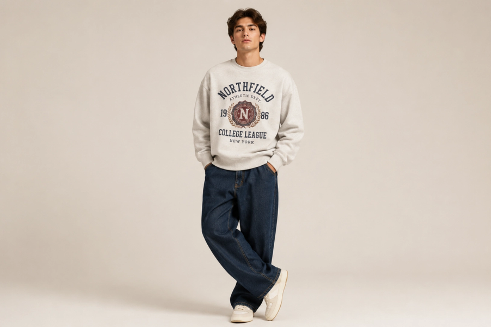 Young man standing in a light gray sweatshirt with a college-themed graphic, paired with blue jeans and white sneakers, against a neutral studio background.