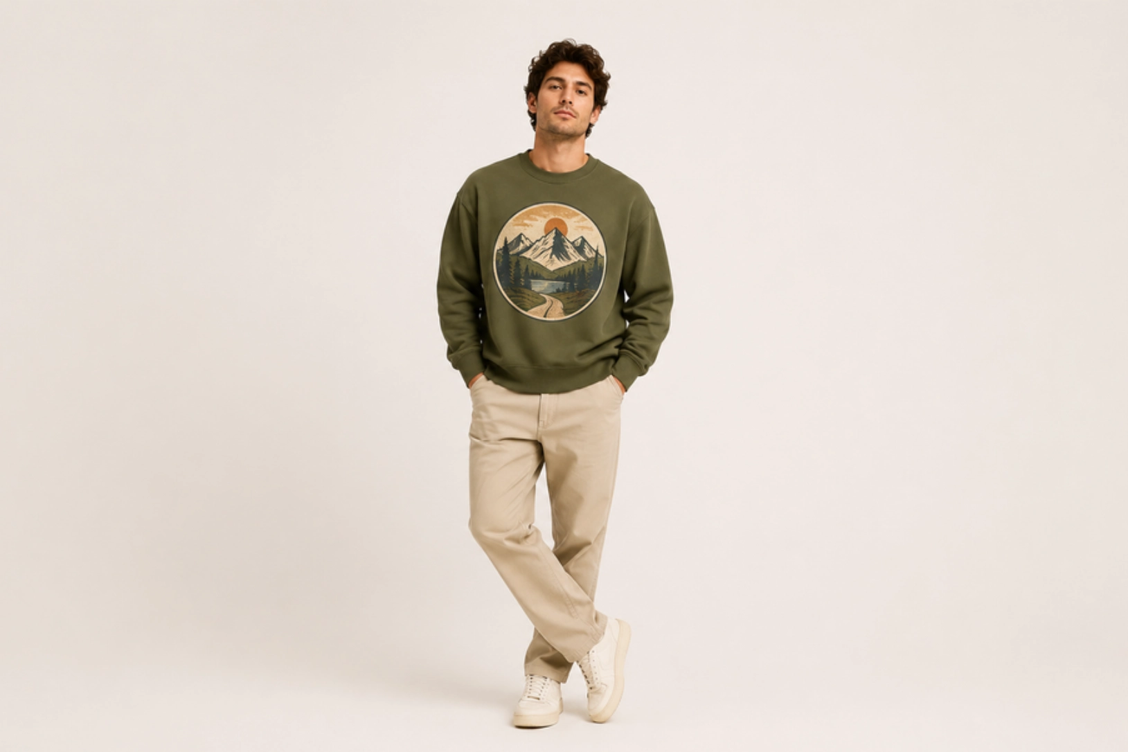 Man in an olive green sweatshirt with a circular mountain landscape graphic, beige pants, and white sneakers, posing with hands in pockets.