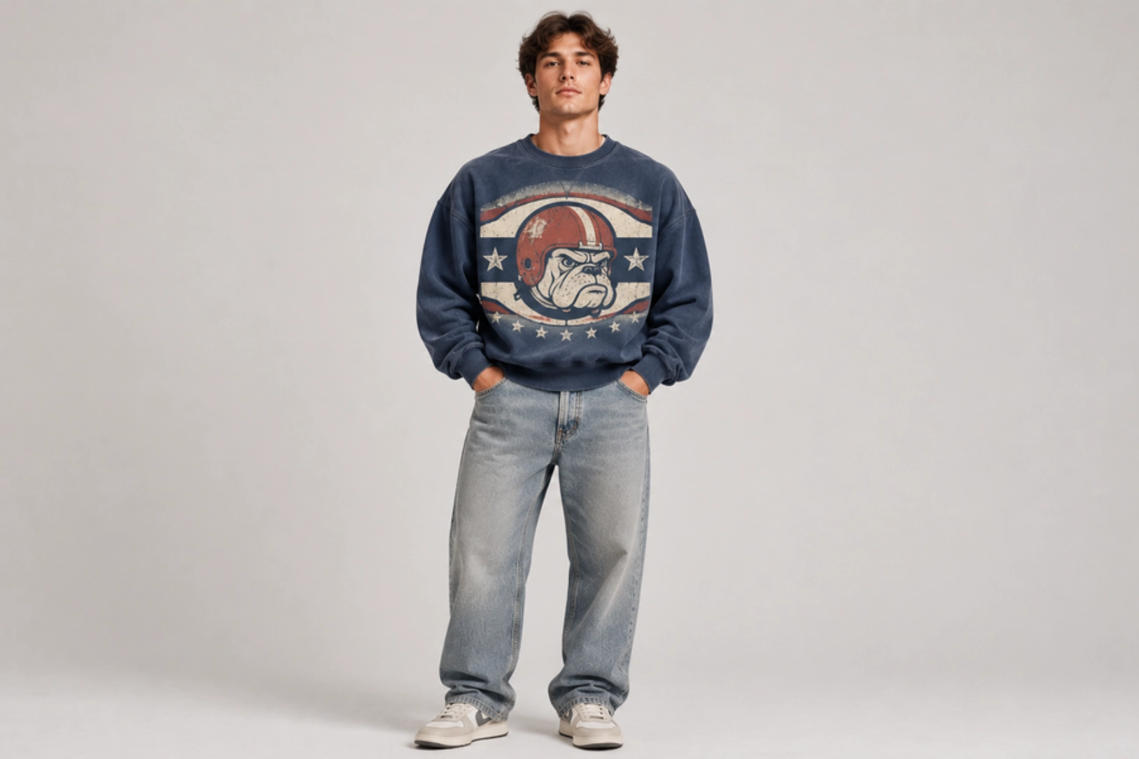 Male model wearing a vintage-style navy sweatshirt with a bulldog graphic and flag stripes, paired with light-wash jeans and sneakers, standing with hands in pockets.