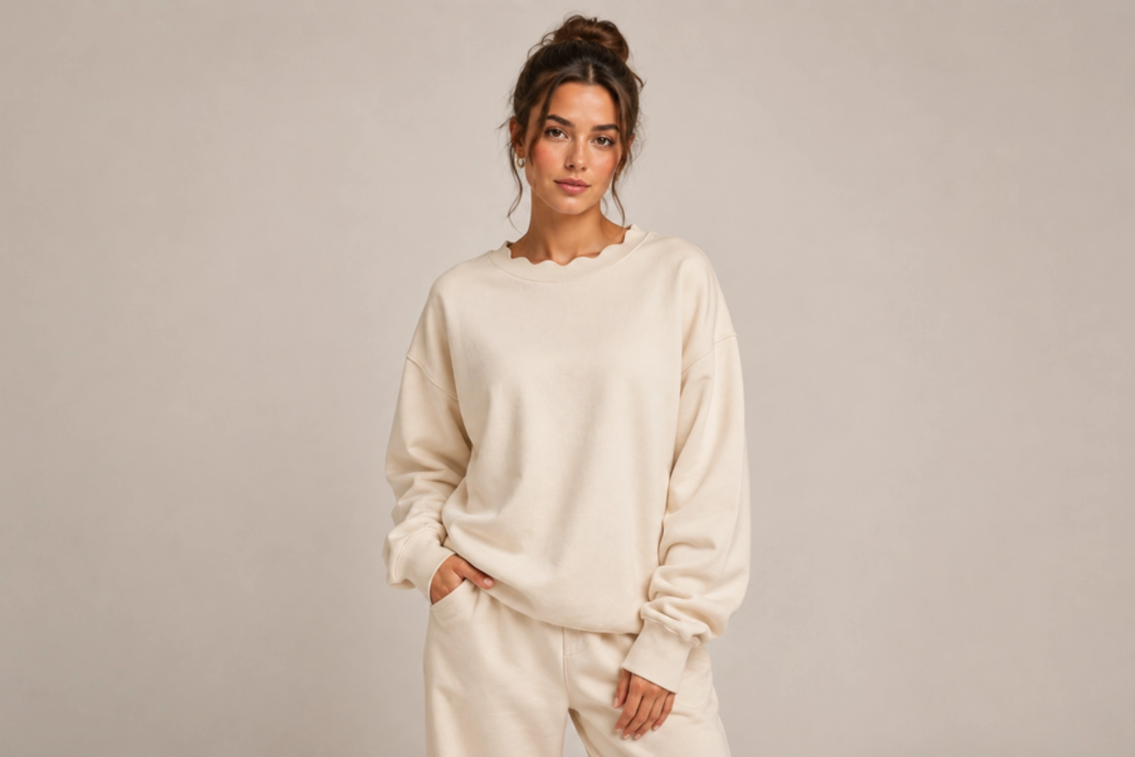Woman wearing a cream-colored matching sweatshirt and jogger set, posing with hands in pockets against a neutral backdrop
