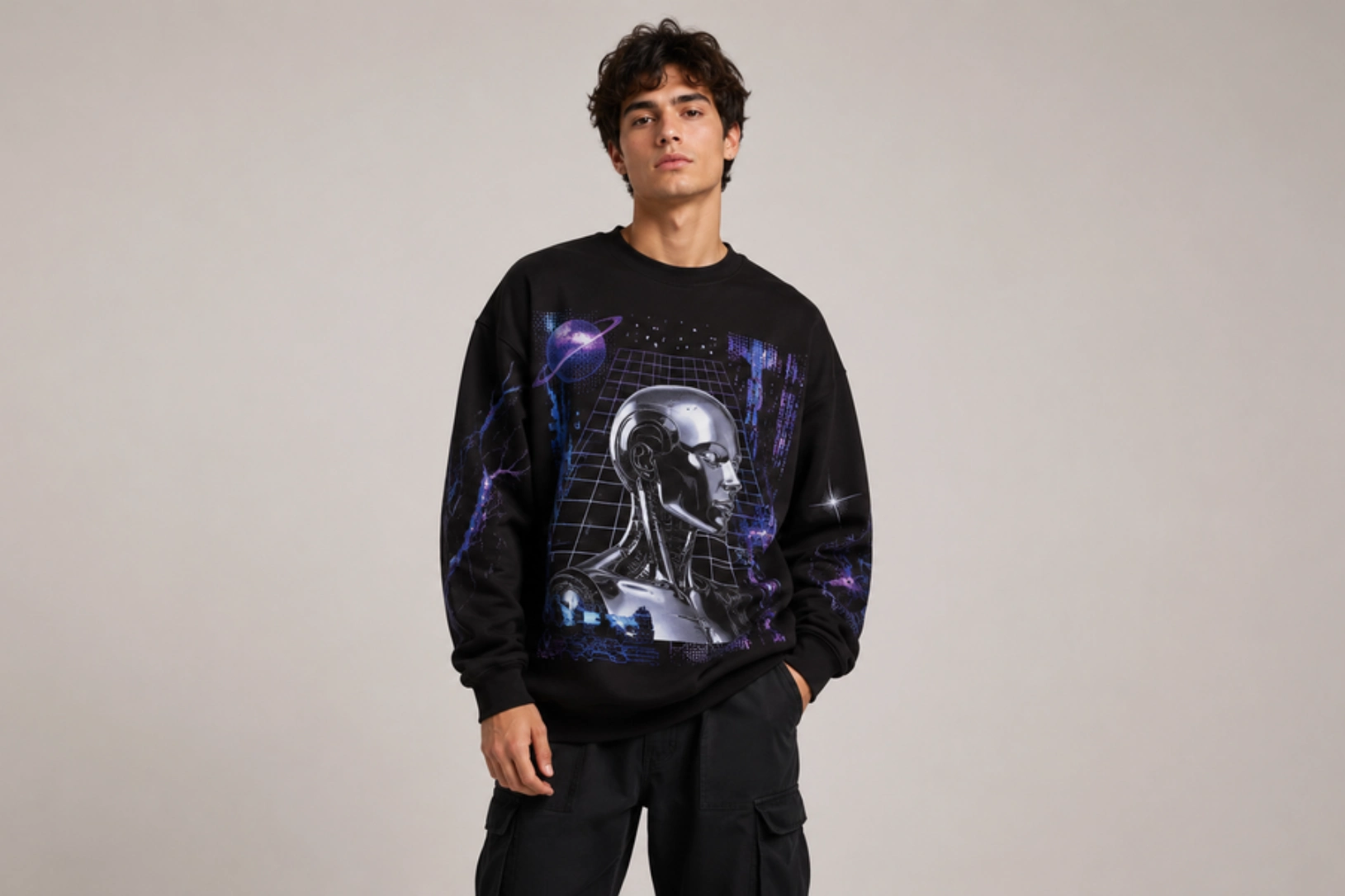 Young man wearing a black graphic sweatshirt with a silver android head design, standing against a neutral background.