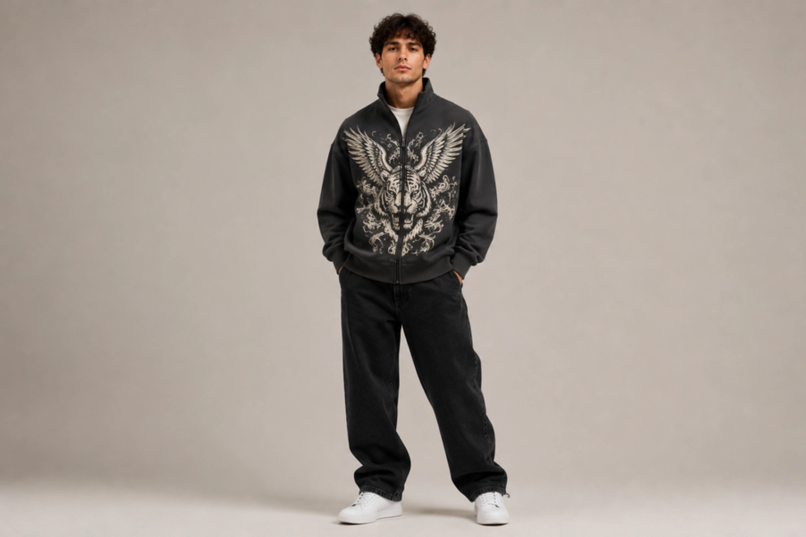 Young man standing in a black zip-up jacket with a large white eagle graphic, paired with black jeans and white sneakers, against a neutral backdrop.