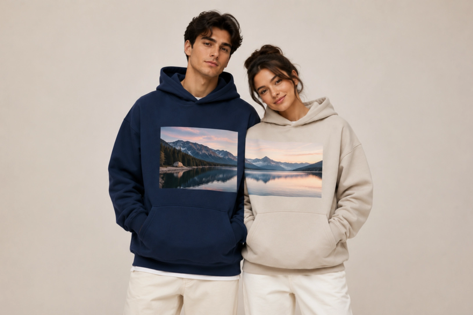 Two young models wearing oversized hoodies with landscape prints, navy on the left and beige on the right.