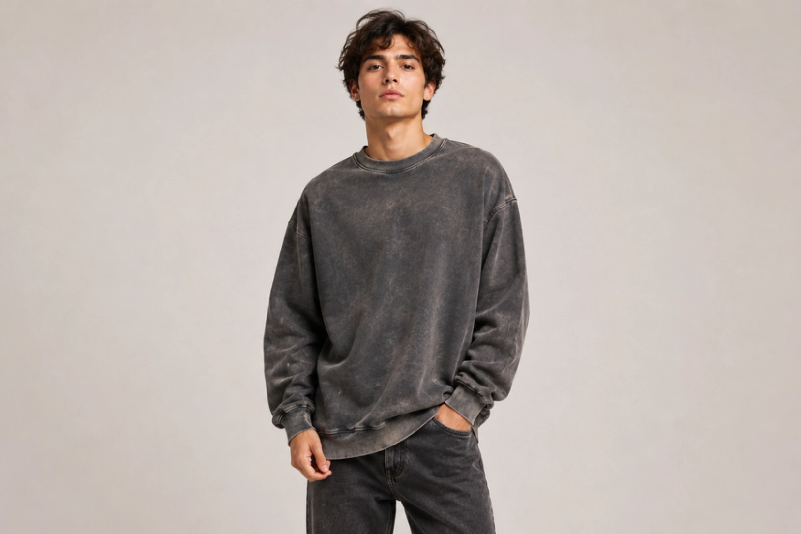 Young man in an oversized, washed-black sweatshirt and dark jeans stands against a beige backdrop, hands in pockets.