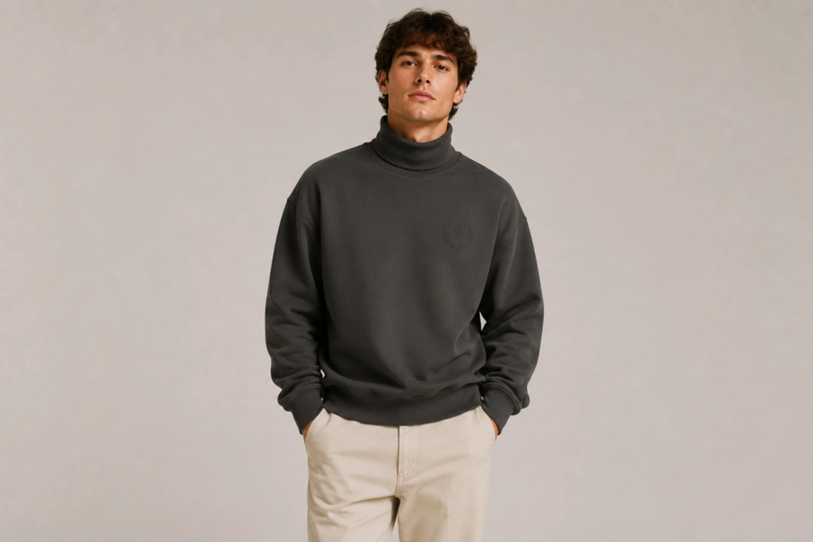 Man wearing a dark gray turtleneck sweatshirt and beige pants standing against a neutral backdrop with hands in pockets.