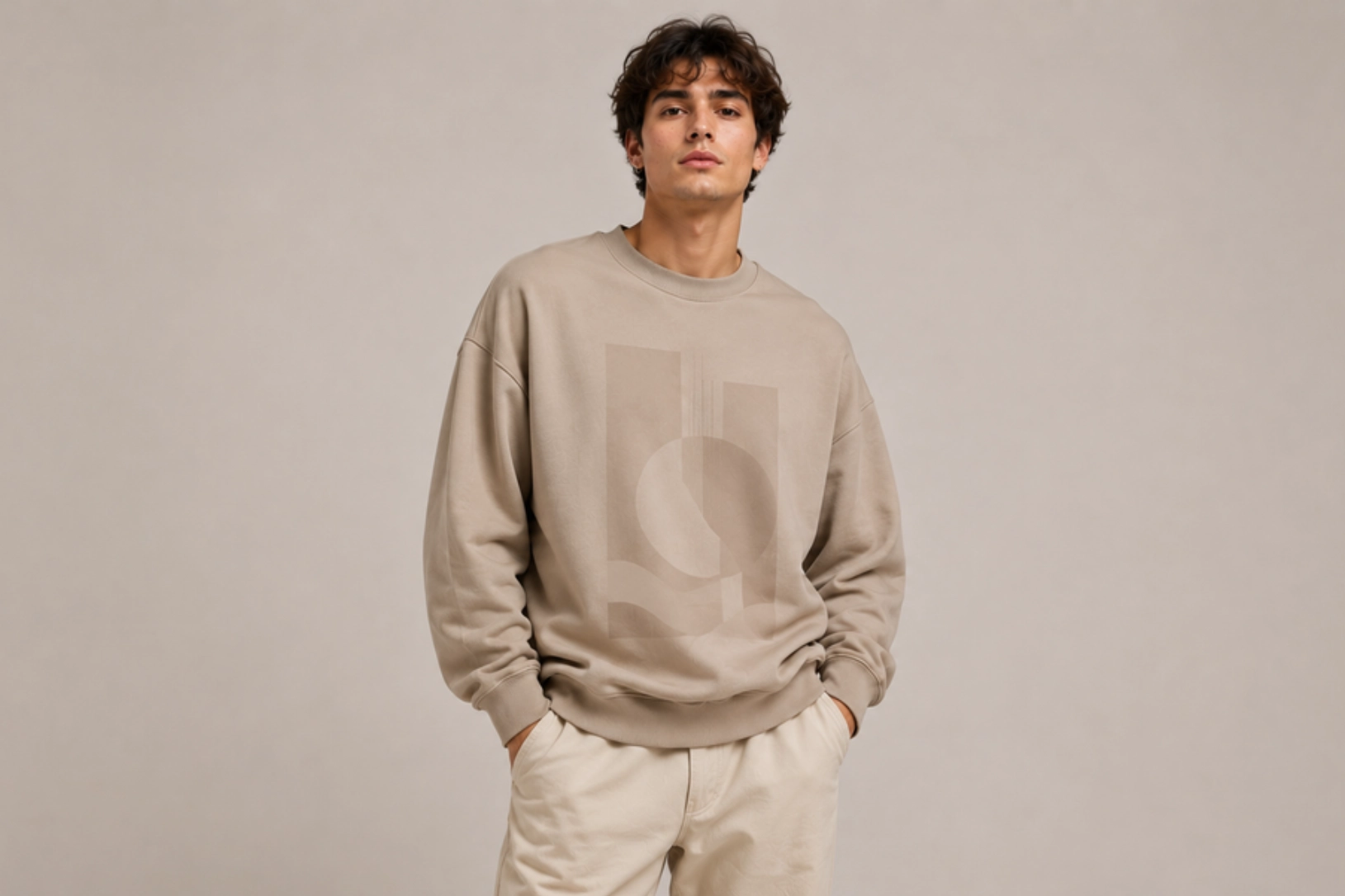 Young man wearing a beige sweatshirt with an abstract geometric print, hands in pockets, neutral beige background.