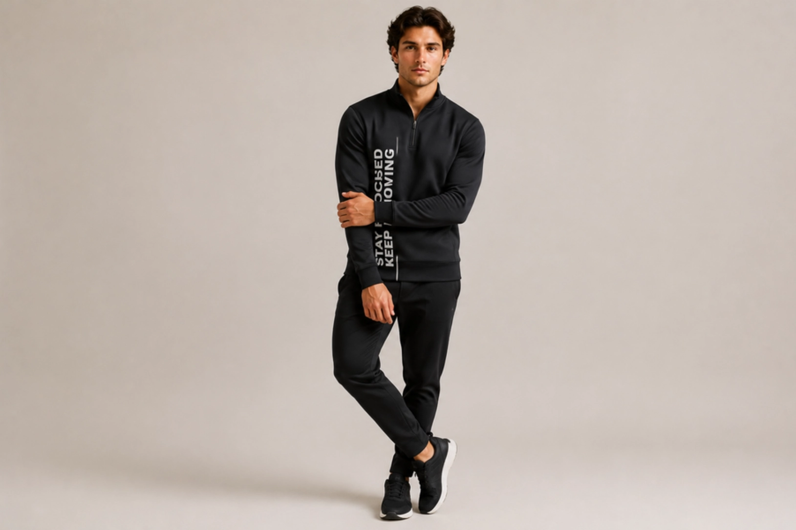 Male model wearing a black zip-neck athletic top and jogger pants, standing against a neutral studio backdrop.