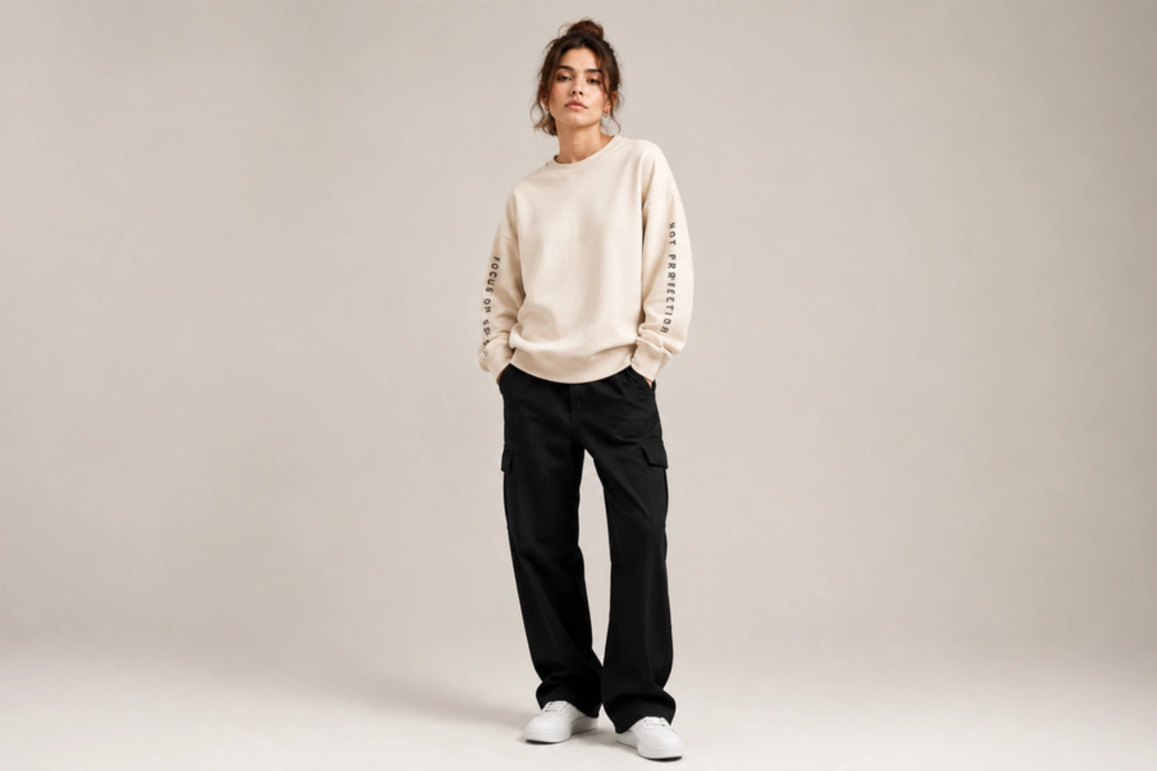 Full-body shot of a woman in a beige oversized sweatshirt, black cargo pants, and white sneakers against a neutral backdrop.