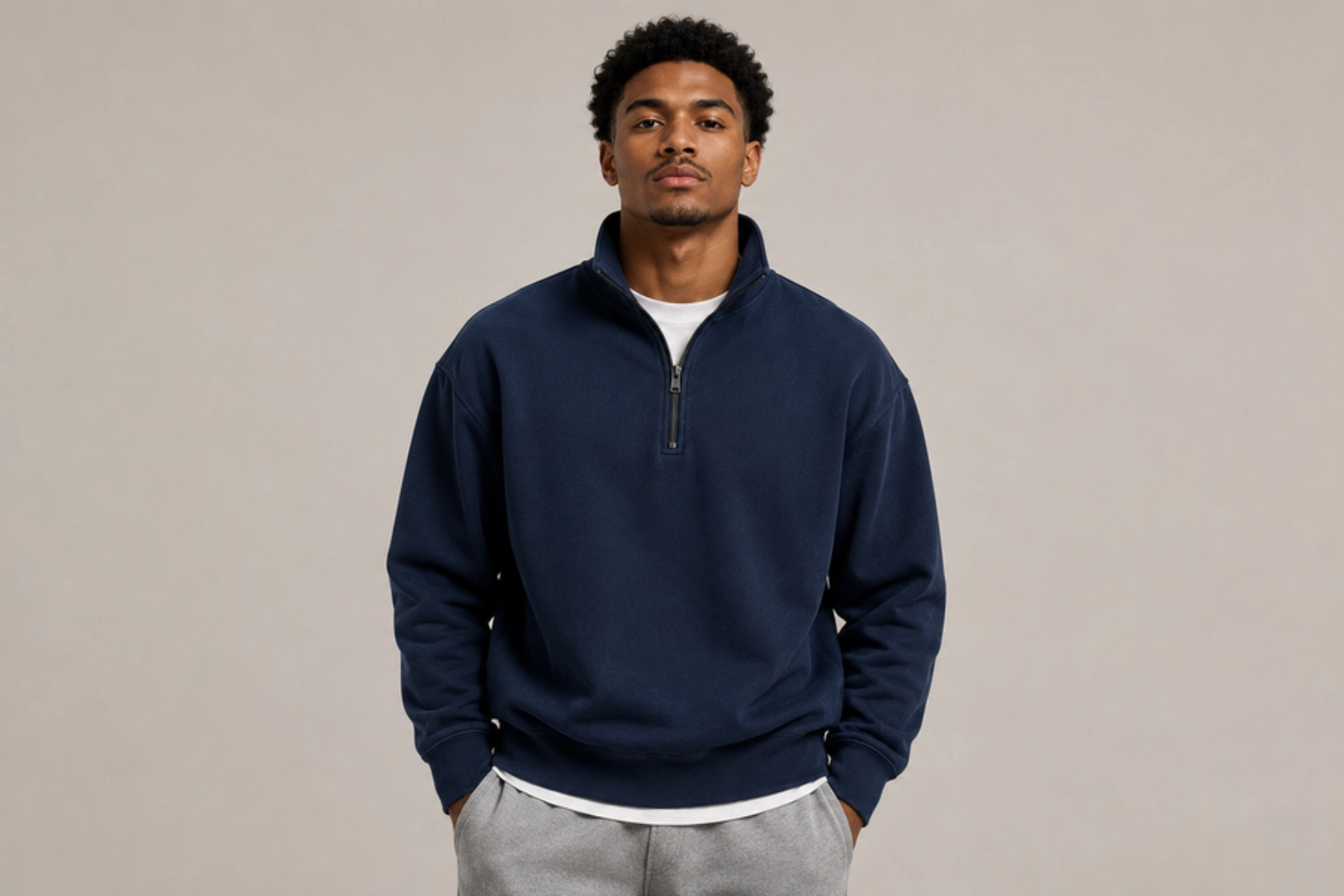 Young man in a navy quarter-zip sweatshirt and gray sweatpants stands against a beige backdrop, hands in pockets.