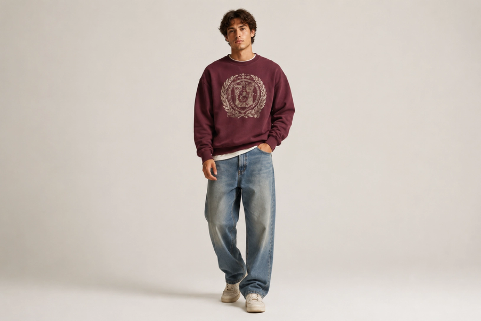 Male model wearing a maroon sweatshirt with a large crest, loose blue jeans, and beige sneakers against a neutral studio backdrop.