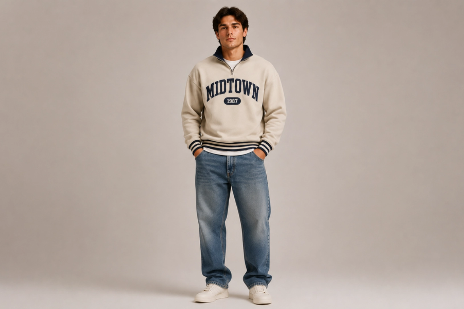 Man standing and looking at the camera in a beige Midtown sweatshirt with a navy collar, paired with blue jeans and white sneakers; logo reads 'MIDTOWN 1987' on the chest.