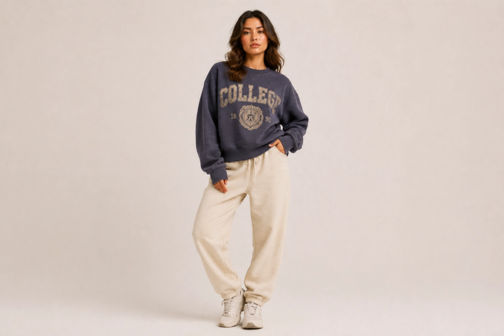 Woman standing in a neutral studio wearing a dark oversized sweatshirt with 'COLLEGE' text and emblem, paired with beige sweatpants and white sneakers.