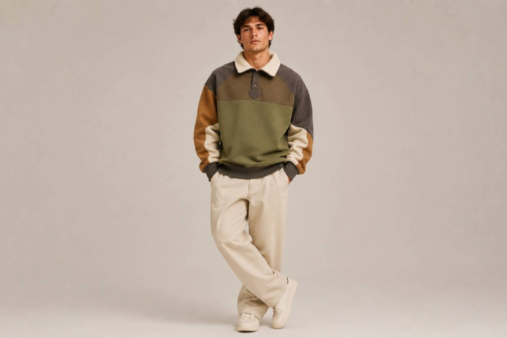 Man posing in a color-block fleece pullover with a white sherpa collar, beige pants, and white sneakers against a neutral backdrop.