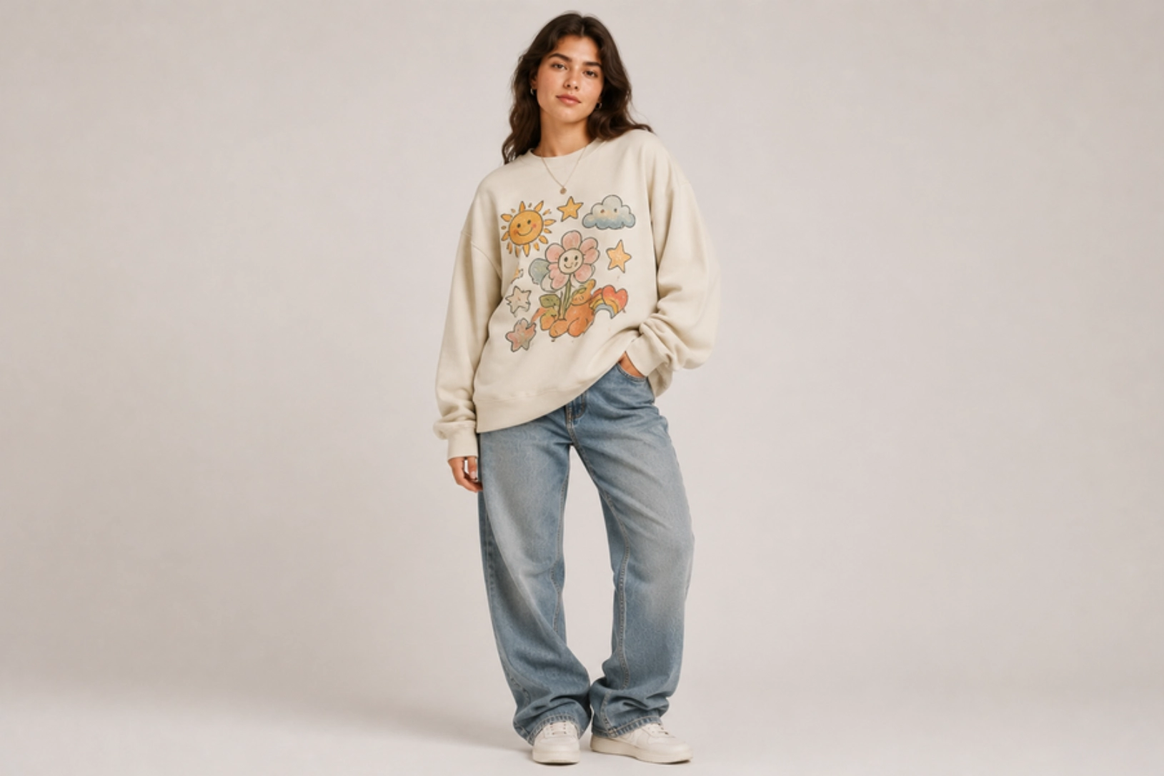 Woman wearing a beige oversized sweatshirt with a colorful sun, flower, cloud and star print, paired with blue jeans and white sneakers, posing softly in a studio.