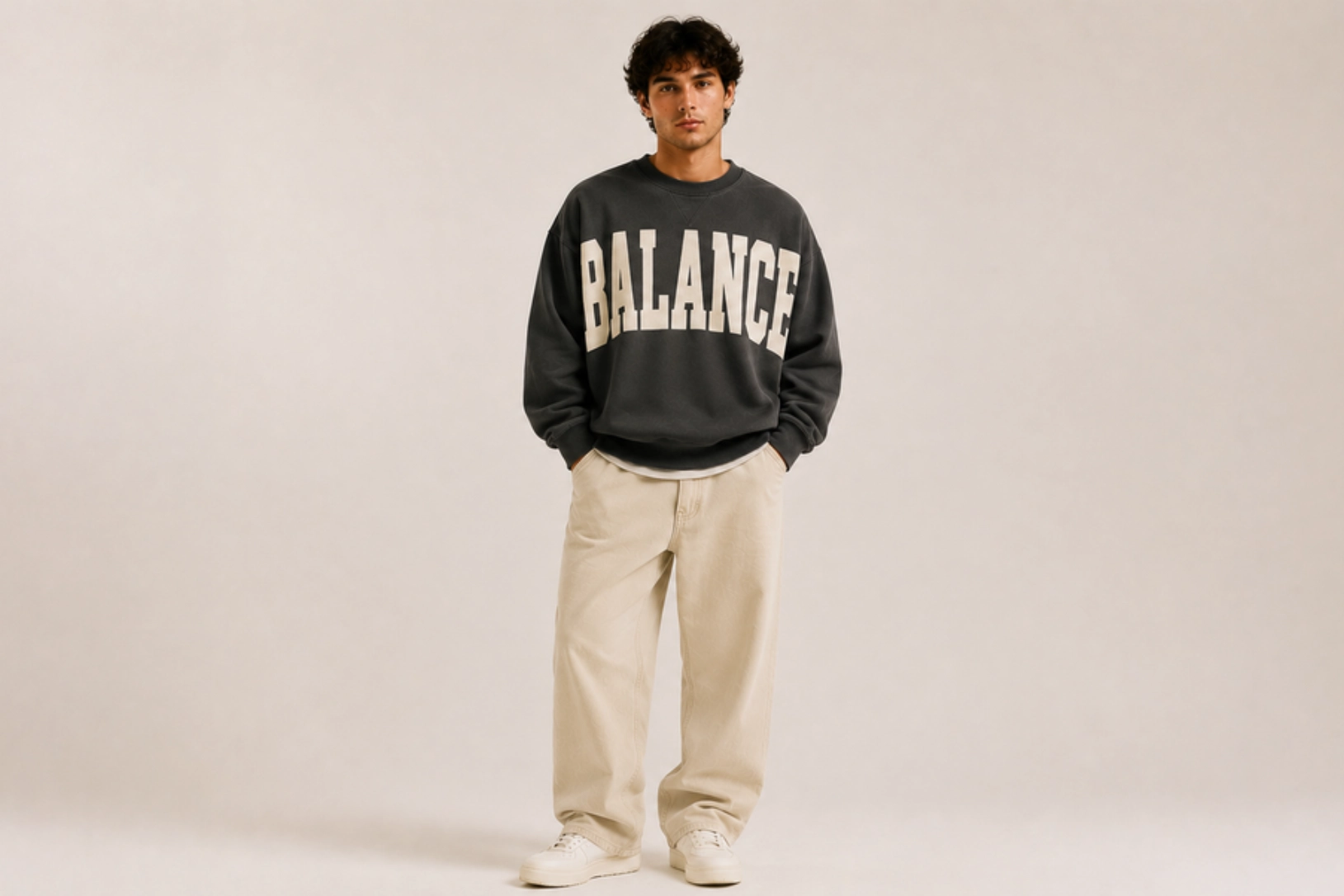 Young man standing in a studio wearing a dark BALANCE sweatshirt, beige pants, and white sneakers.
