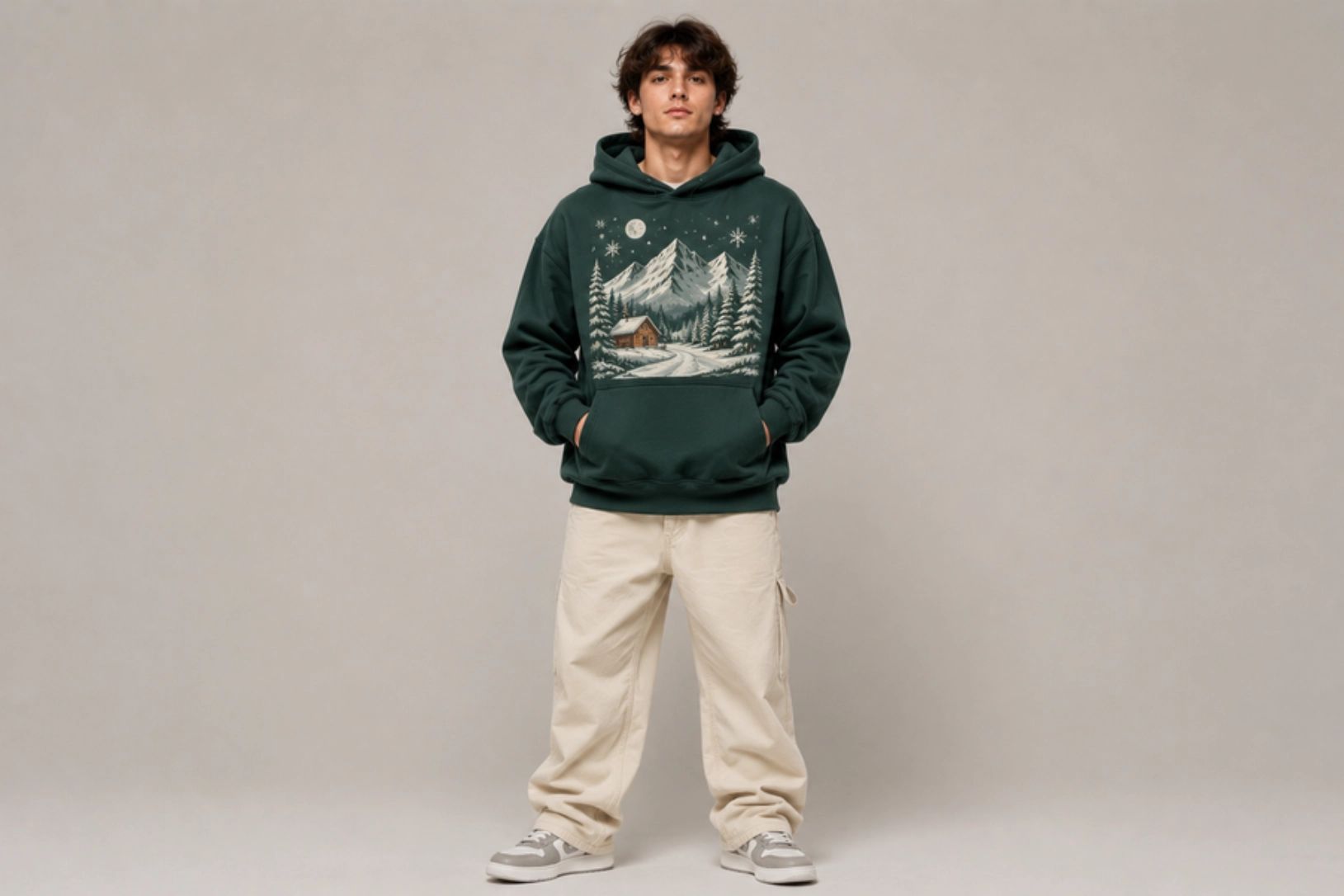 Model wearing a dark green hoodie with a snowy mountains and cabin graphic, paired with beige cargo pants and gray sneakers, standing against a neutral backdrop.