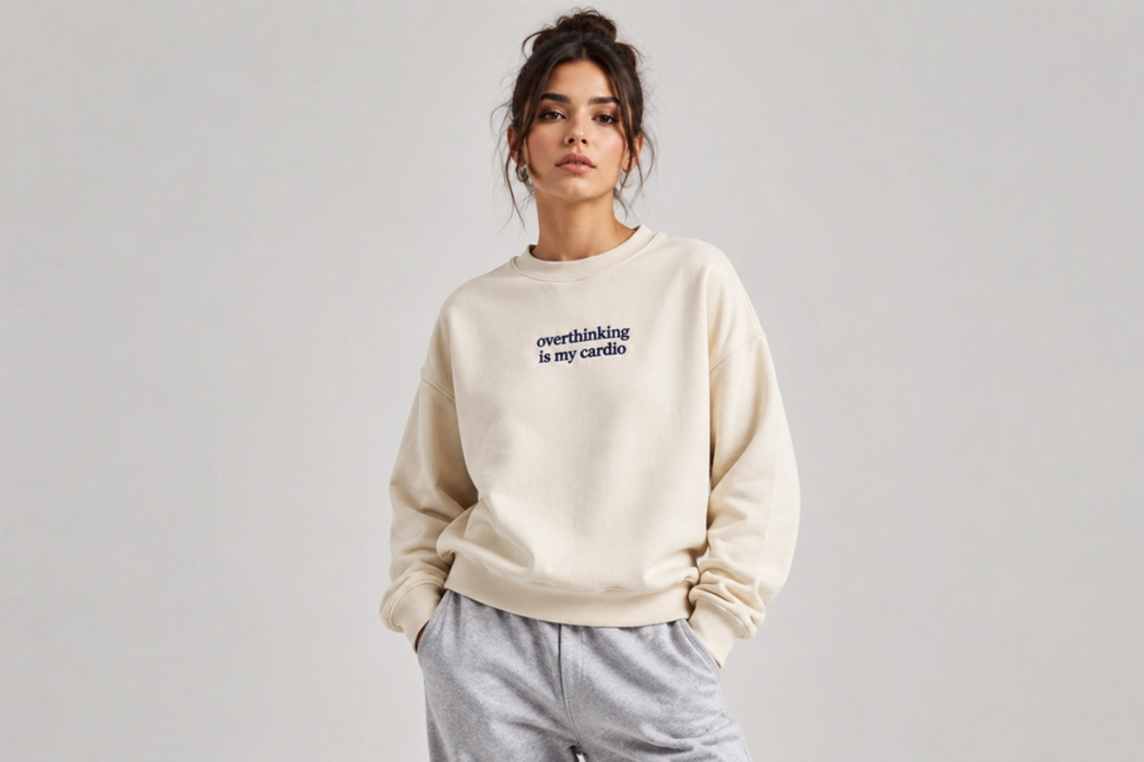 Young woman in a cream sweatshirt with the phrase 'overthinking is my cardio' in navy text, standing with hands in pockets against a light gray backdrop.