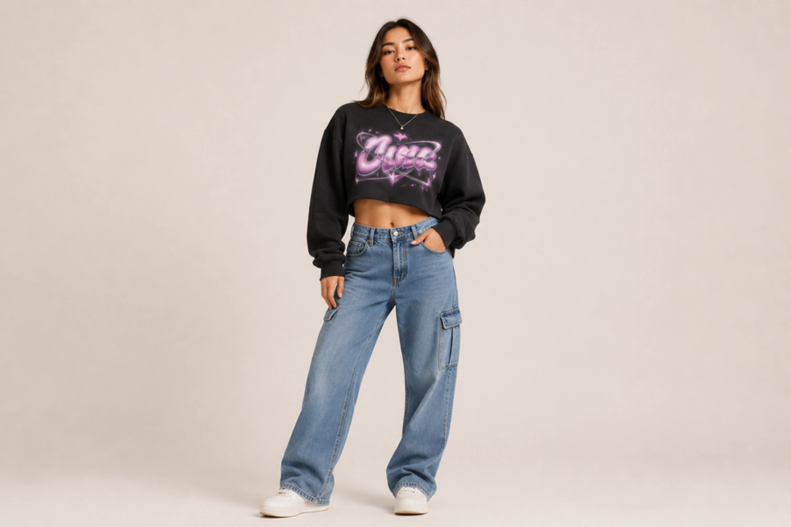 Model posing in a cropped black graphic sweatshirt, loose blue cargo jeans, and white sneakers in a neutral studio backdrop.