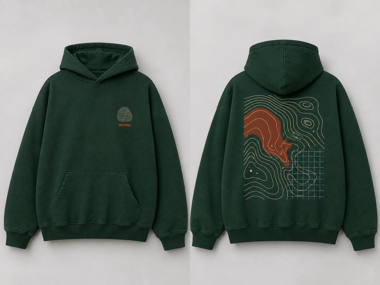 Dark green hoodie with front pocket, featuring a small front logo and large back topographic map design in earthy tones.