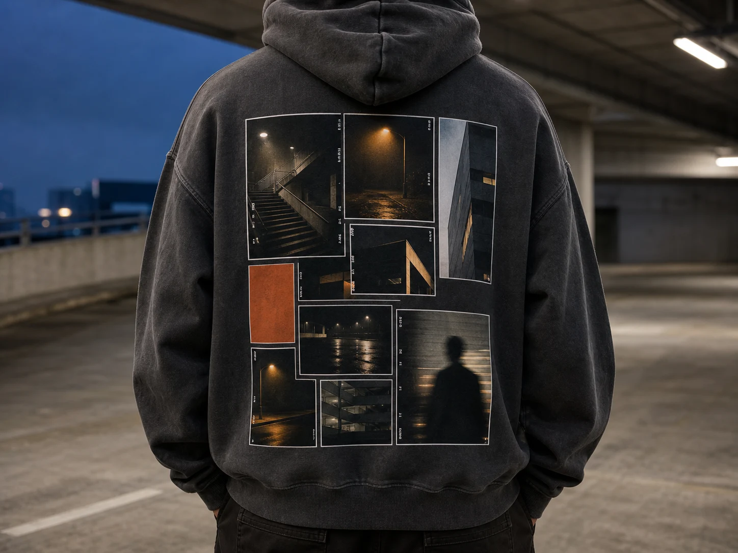 Person in a dark hoodie with urban photo collage on the back stands in an empty parking garage at dusk, creating a moody scene.