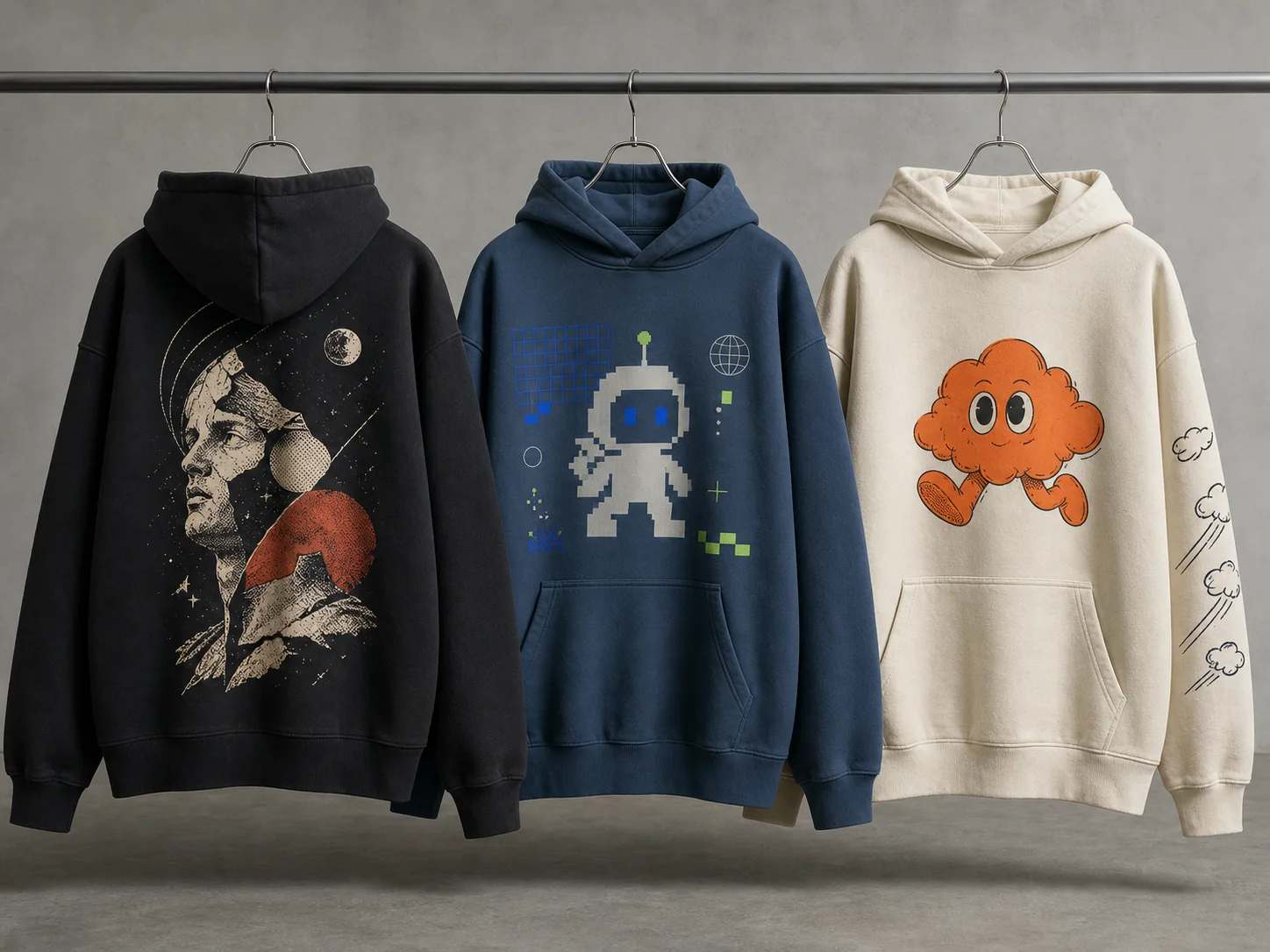Three hoodies hang on a rack: black with astronaut, blue with pixel robot, and beige with orange cloud character.