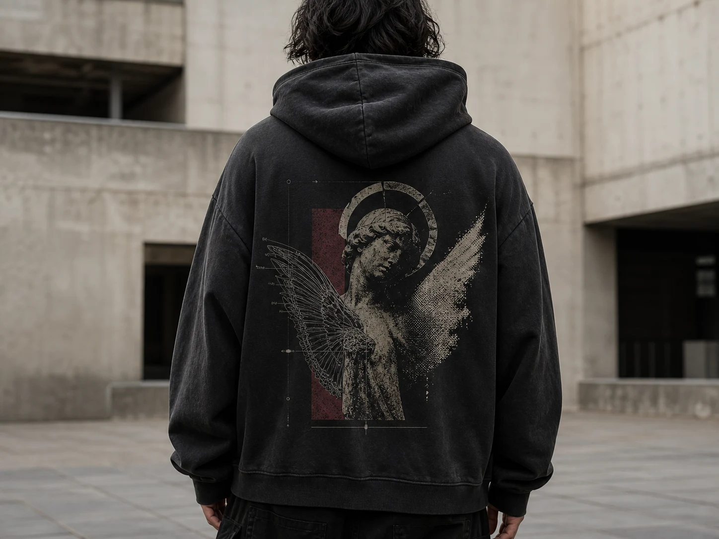 Person in a dark hoodie with angel print stands in an urban concrete setting, facing away.