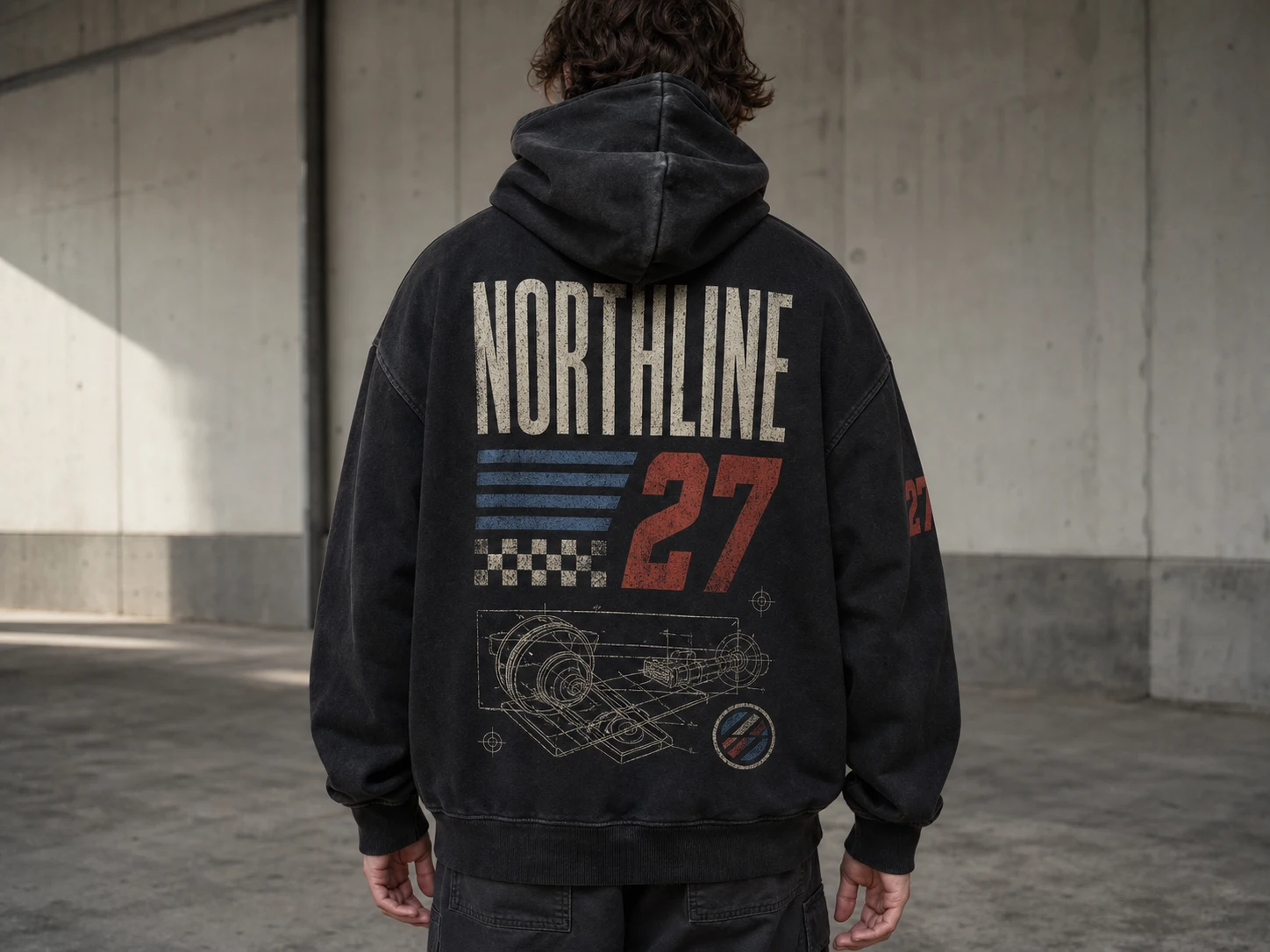Person in a black hoodie with "NORTHLINE 27" and graphic design stands in a concrete space, facing away from the camera.