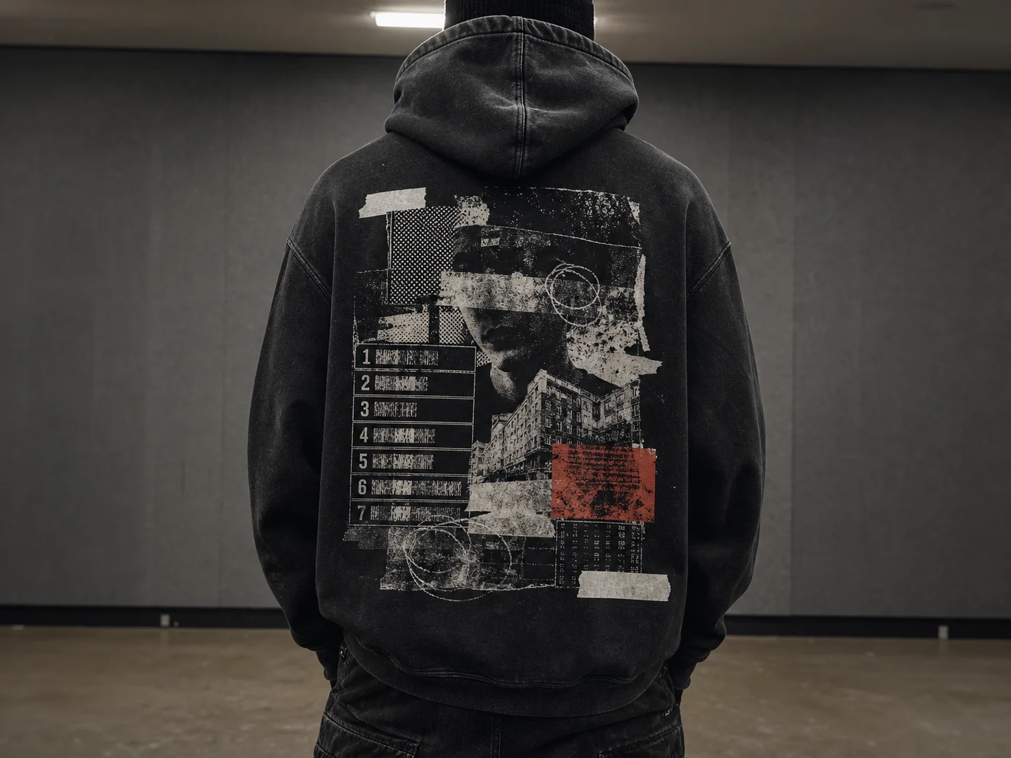 A person in a black hoodie with abstract graphics stands in a dimly lit room, facing a gray wall.