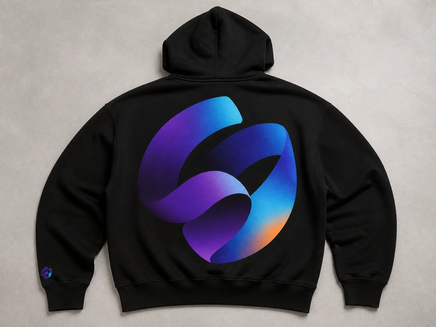 Black hoodie with a vibrant, abstract blue and purple logo on the back, featuring a small matching emblem on the sleeve.