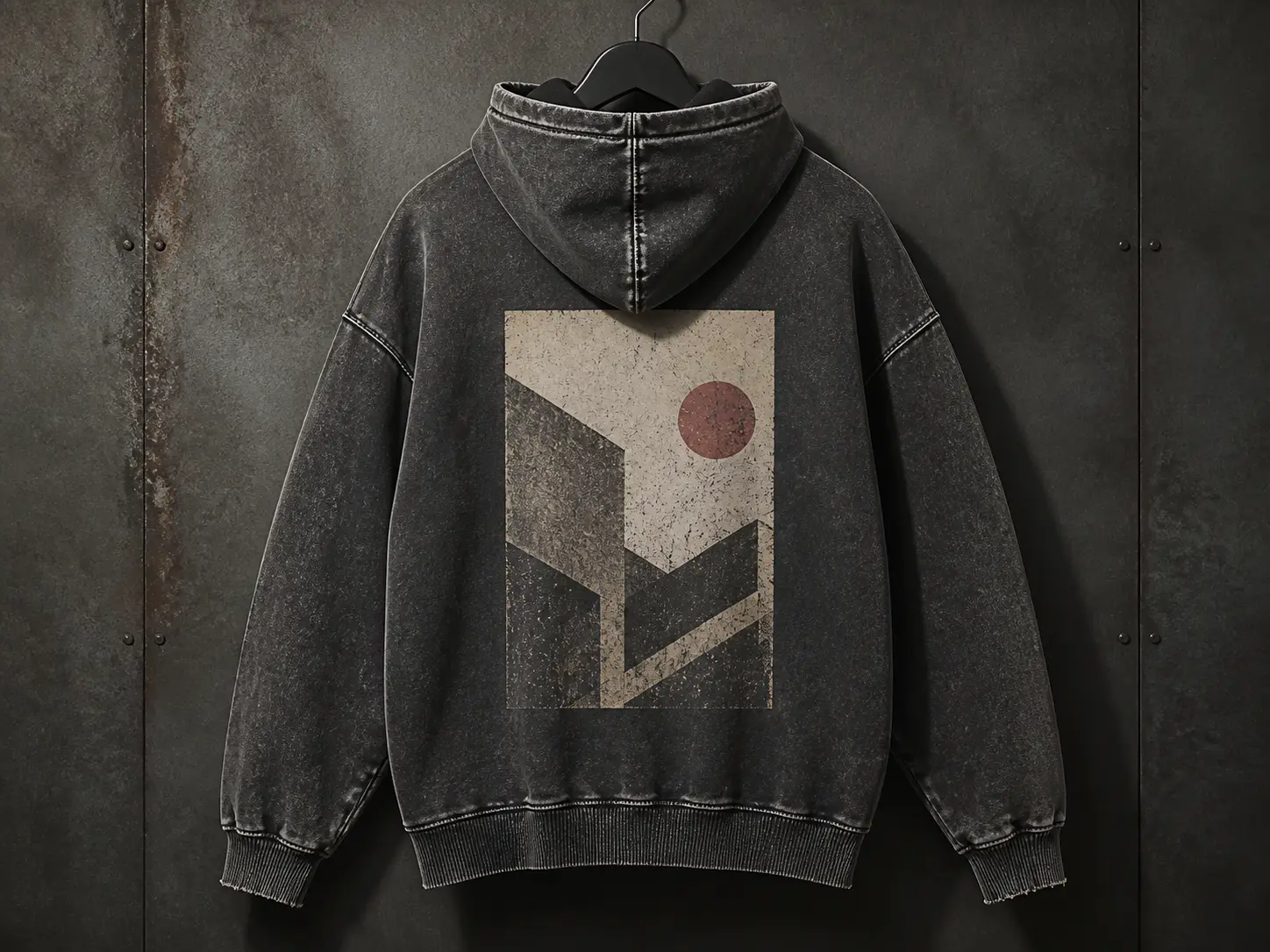 Black hoodie with abstract geometric design featuring a red circle, hanging on a dark textured wall.
