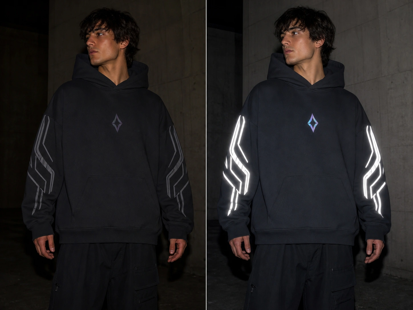 Man in dark hoodie with reflective sleeves stands in dim light, highlighting the glowing pattern on his arms and chest.