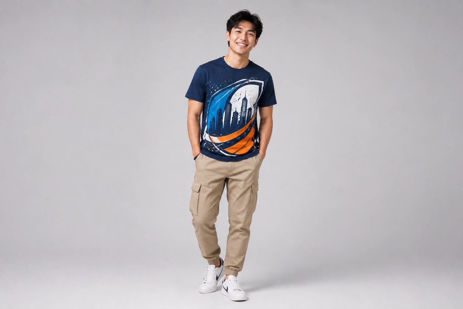 Young man wearing a navy graphic t-shirt with a city skyline, khaki cargo pants, and white sneakers, smiling at the camera.