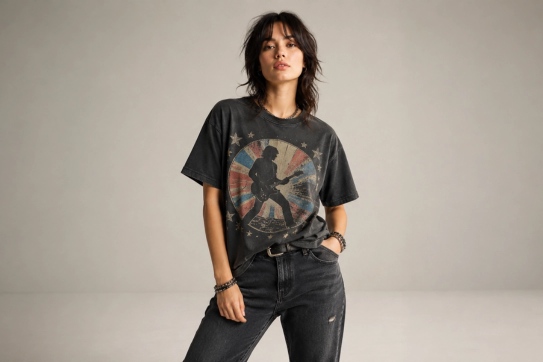 Young woman modeling a vintage black graphic t-shirt with a guitarist silhouette, paired with distressed black jeans and bracelets.