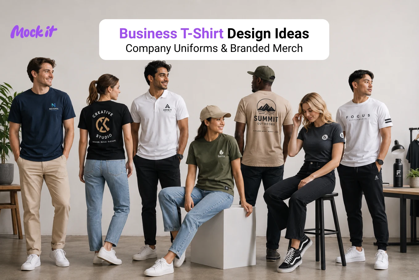 Business T-shirt design ideas featuring custom company uniforms and branded merchandise with professionally printed logo apparel for employees and corporate teams.