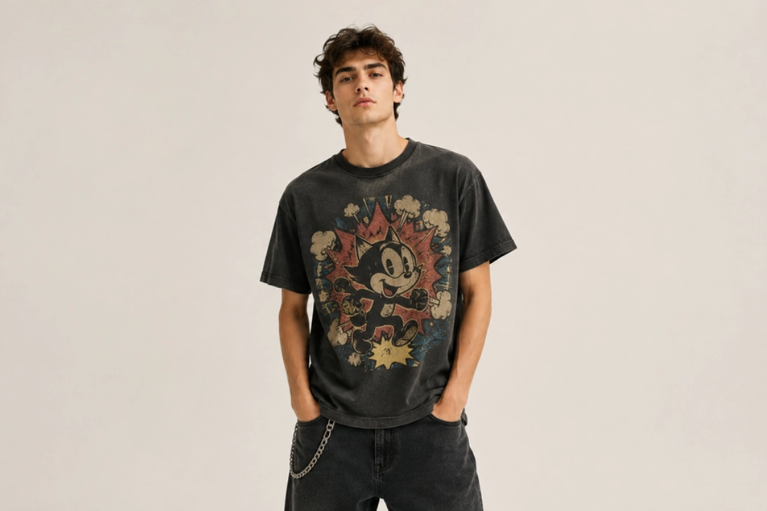 Young man wearing a vintage dark graphic T‑shirt with a retro Sonic the Hedgehog design, hands in pockets against a neutral backdrop.