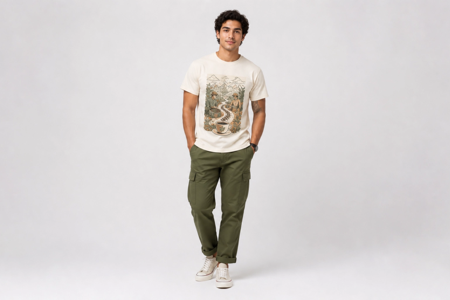 Man in a cream graphic T‑shirt and olive cargo pants stands with hands in pockets against a light backdrop in a studio setting.]','Man in a cream graphic tee and olive cargo pants posing with hands in pockets on a light gray background.','Model wearing a cream graphic T‑shirt, green cargo pants, and white sneakers, posed in a minimalist studio.','Casual outfit: cream graphic tee, olive cargo pants, white sneakers; man poses in a neutral studio.','Informal fashion photo of a man in a graphic tee with olive cargo pants, standing against a plain backdrop.