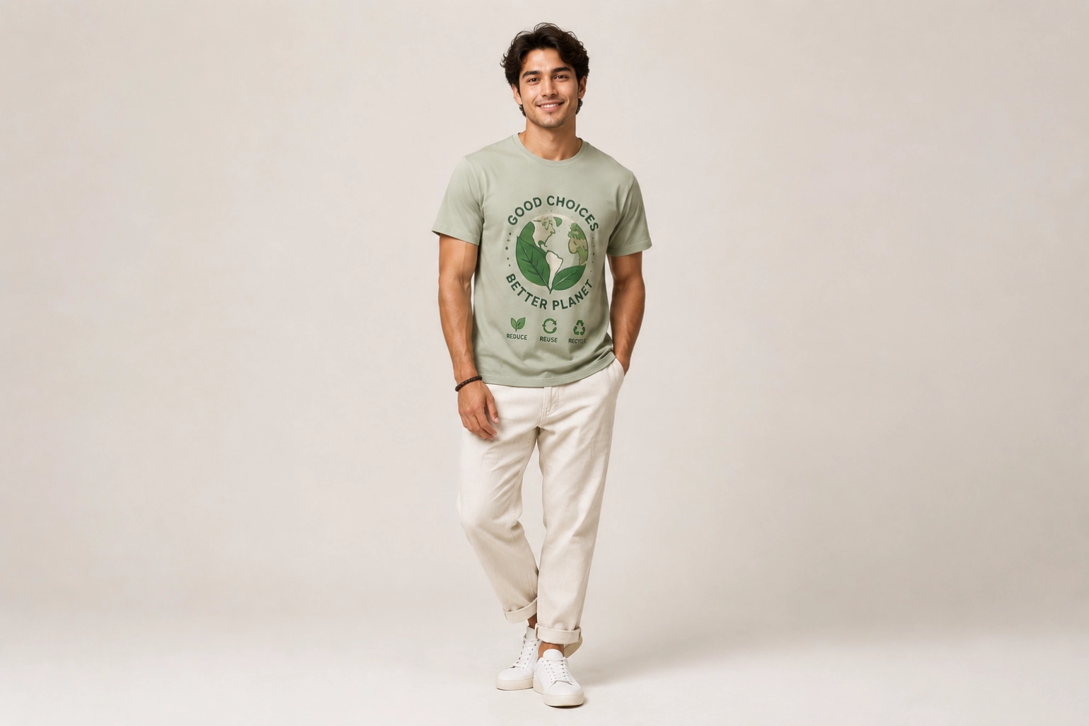 Man in a light green tee with an Earth-and-leaf logo reading 'Good Choices Better Planet', beige pants, white sneakers.